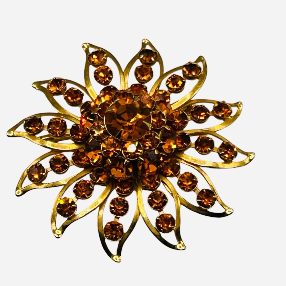 Vintage Judy Lee Golden Topaz Sunflower Brooch
